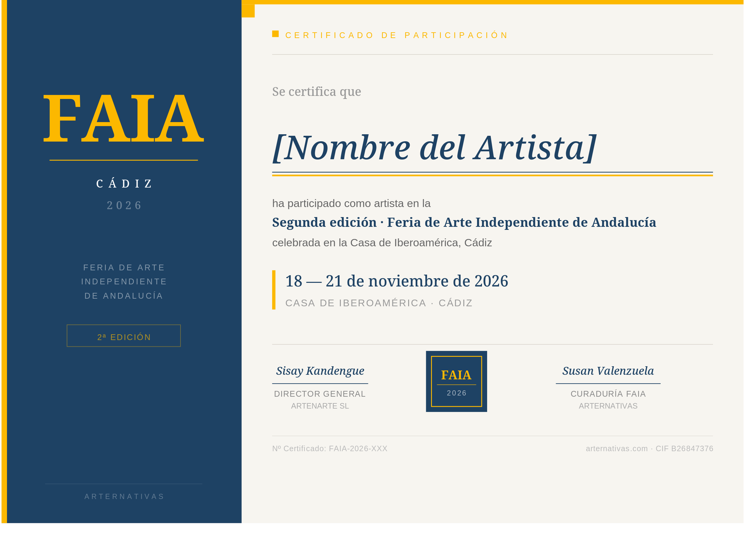 FAIA CÁDIZ 2026 | ARTERNATIVAS Certificado FAIA 2026
