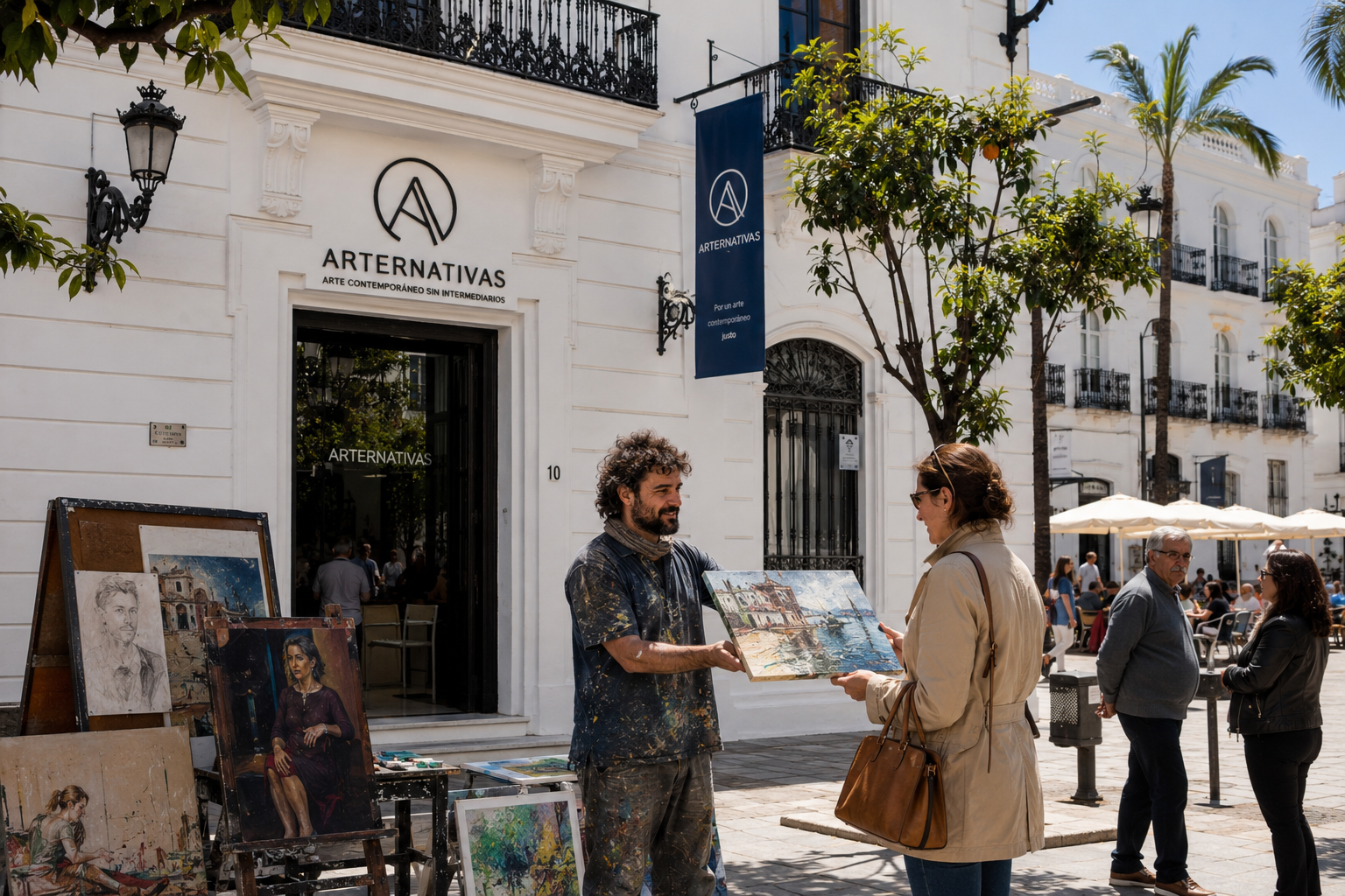 Artista mostrando una pintura a una compradora en la calle, con obra expuesta y precio visible, frente a un espacio de ARTERNATIVAS