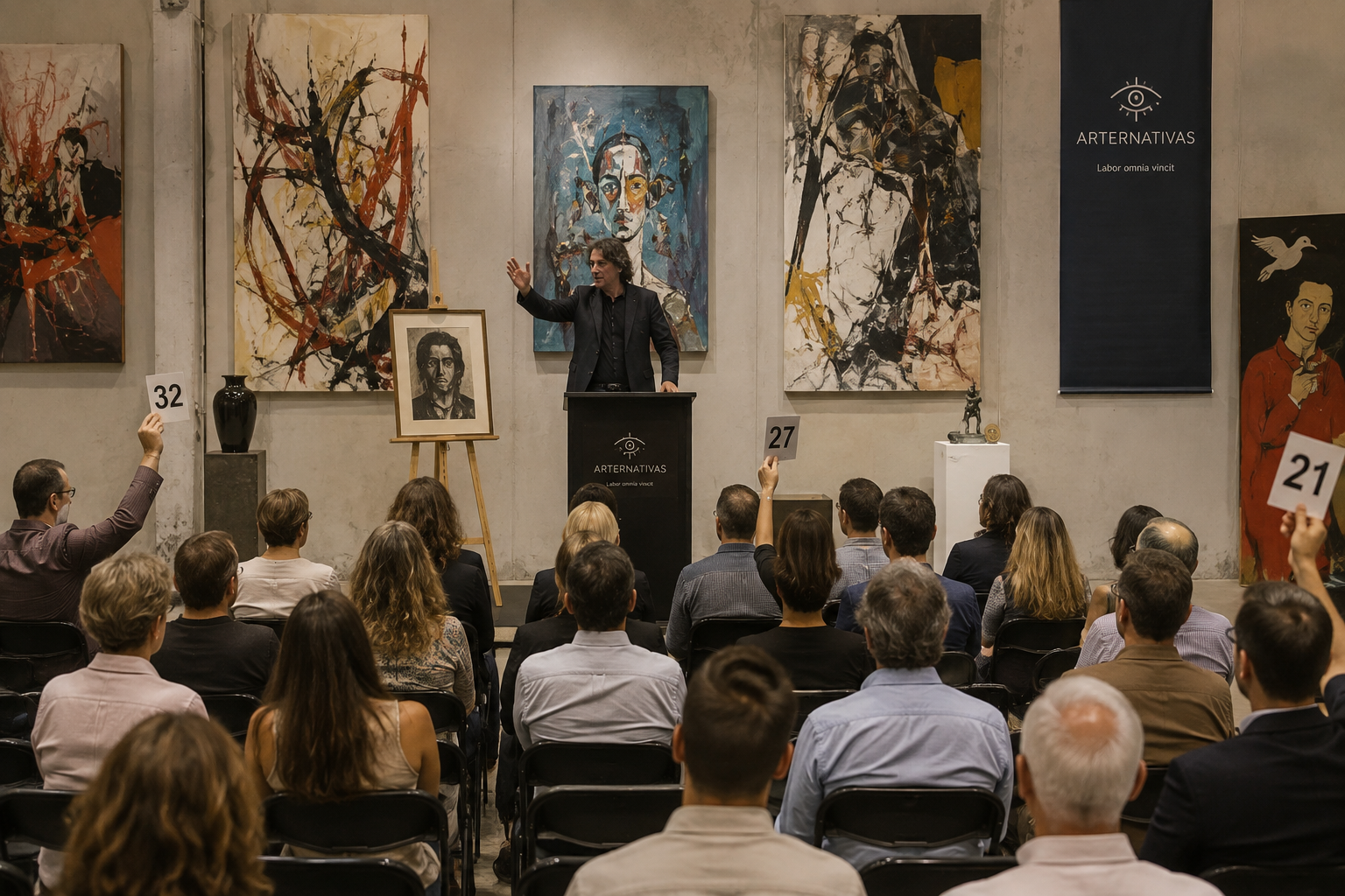 Sala de subastas de arte con asistentes levantando paletas de puja frente a obras de gran formato