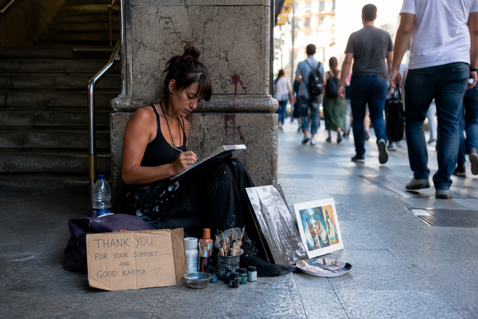 Artista dibujando en plena calle con su obra expuesta en el suelo mientras la gente pasa de largo, retrato de la precariedad que el Estatuto del Artista aún no resuelve