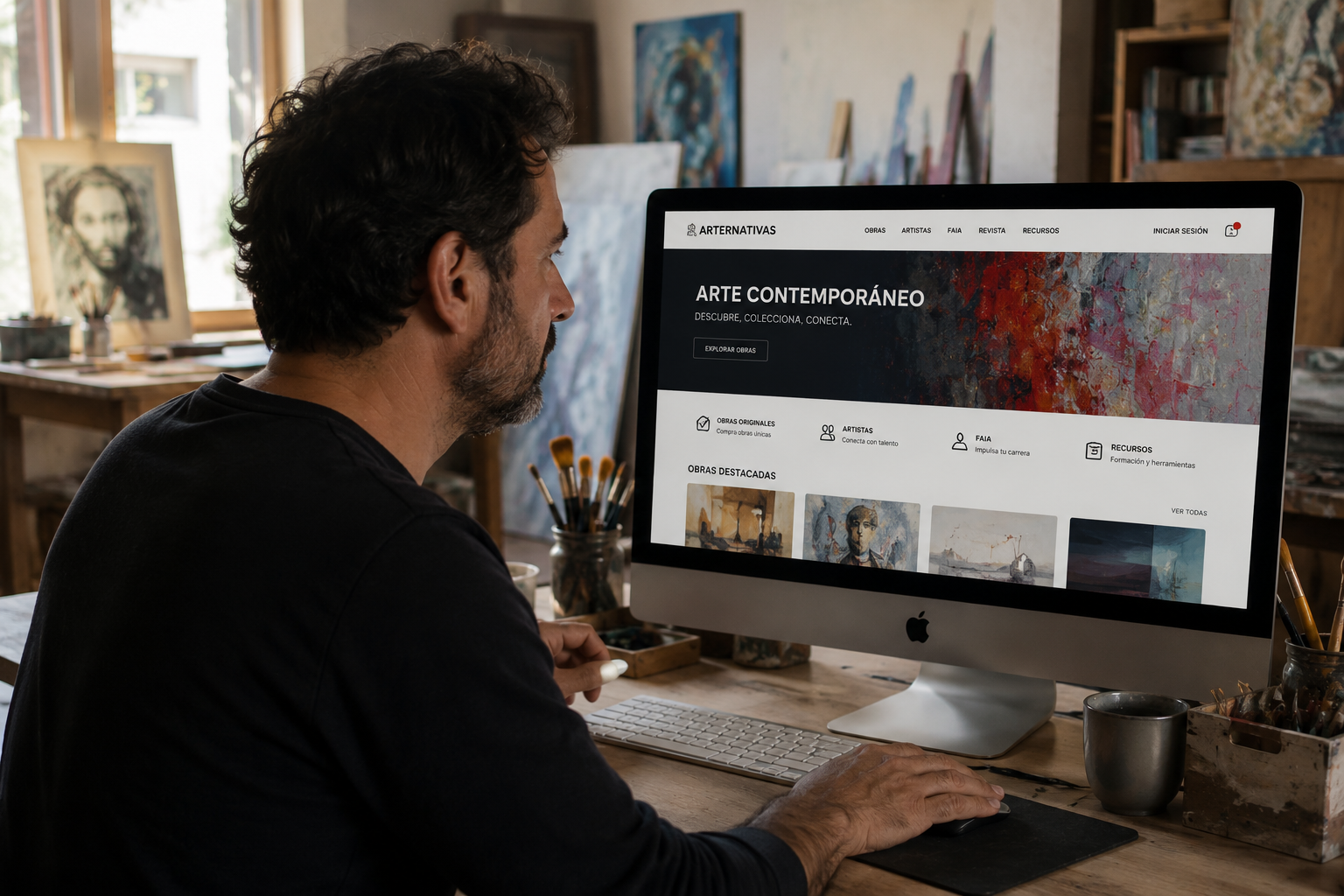 Artista en su taller consultando la plataforma ARTERNATIVAS en el ordenador, ejemplo de venta directa y de fiscalidad del artista al 10 % de IVA