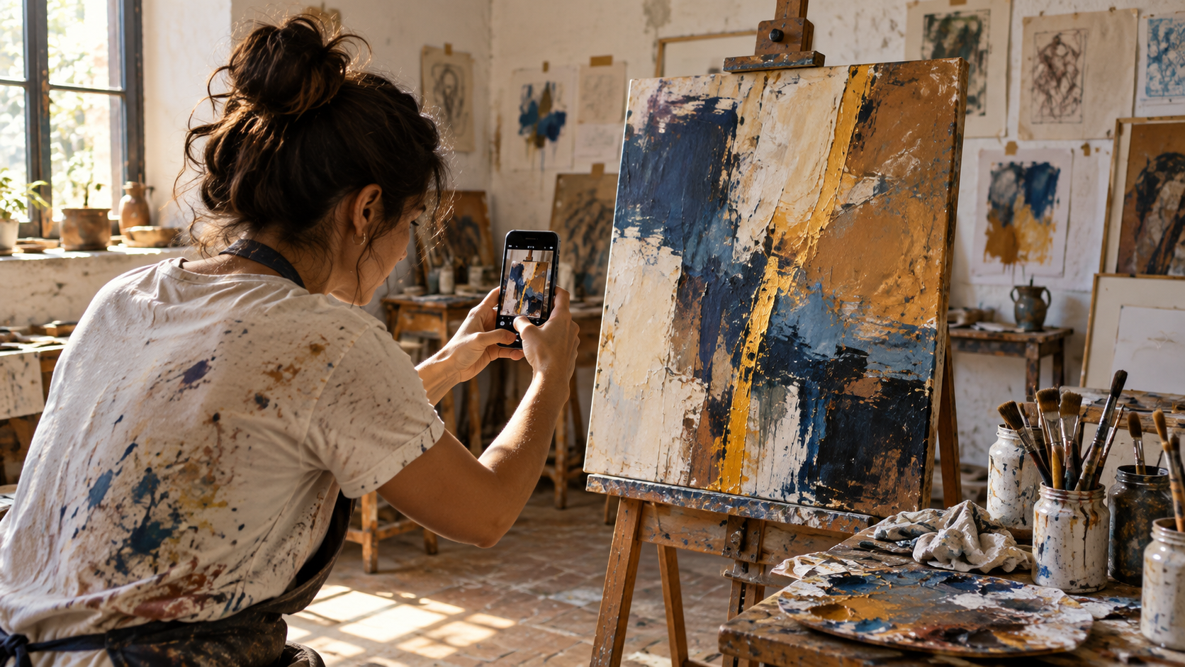 Artista fotografiando su cuadro en el estudio para documentar sus derechos de autor