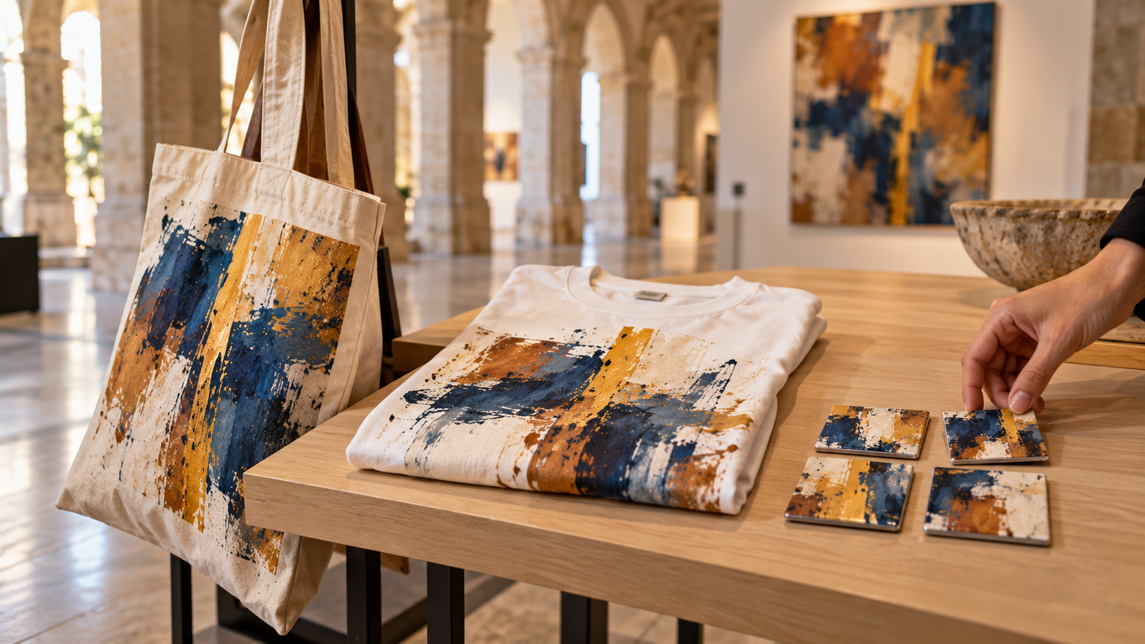 Camiseta, bolso e imanes con obra de artistas que cobran por sus derechos de autor