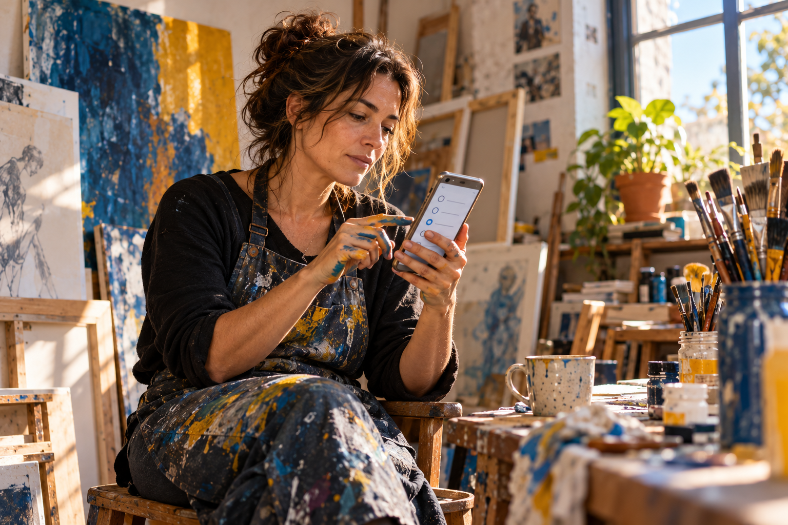 Artista en su estudio respondiendo la Encuesta 2026 del Artista Independiente