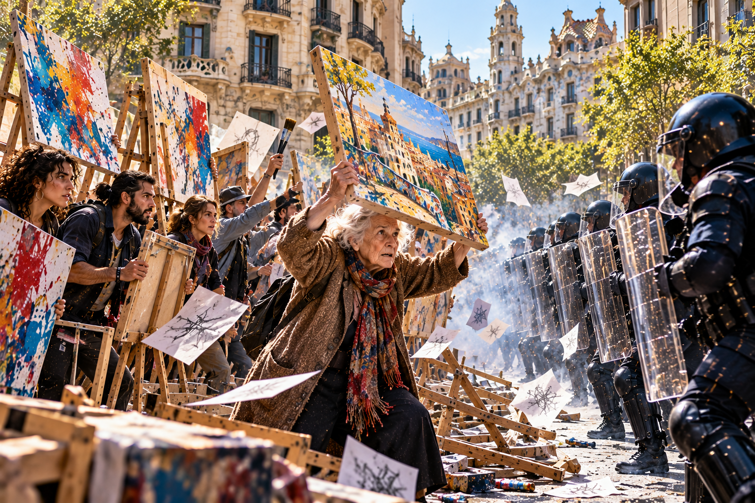 Artistas protegiéndose con sus obras frente a una línea policial en una protesta por el precio del alquiler