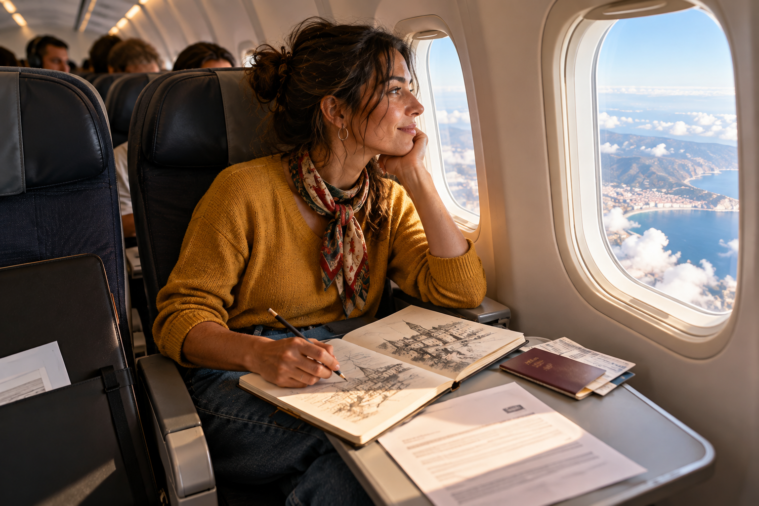 Artista dibuja en su cuaderno durante el vuelo hacia una de sus residencias artísticas en el extranjero