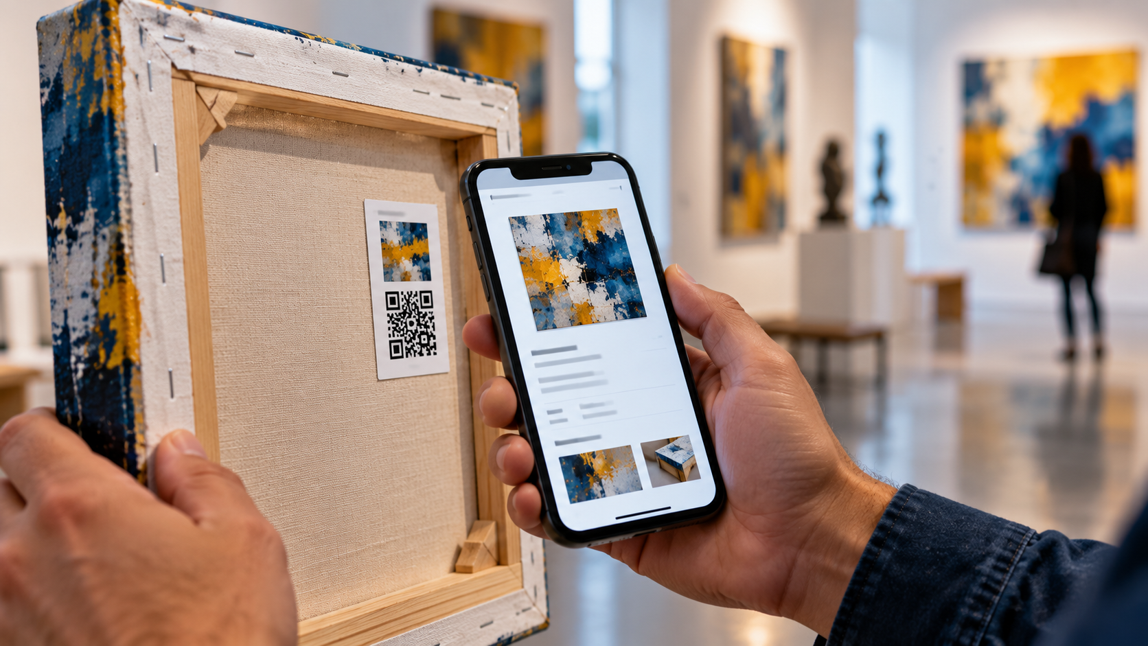 Verificación de un certificado de autenticidad escaneando un código QR en una sala de arte