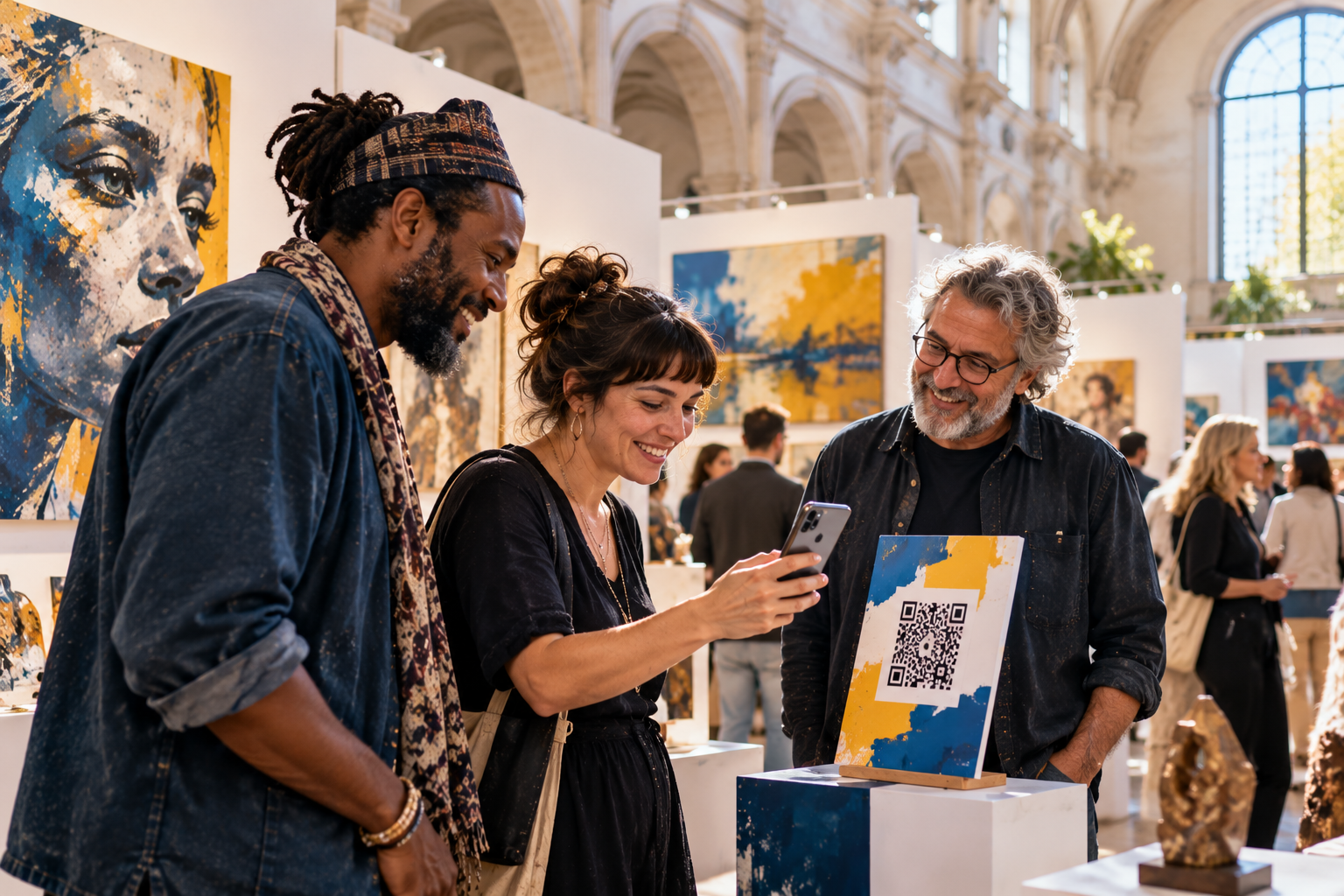 Artistas escanean el código QR de la Encuesta 2026 en una feria de arte independiente