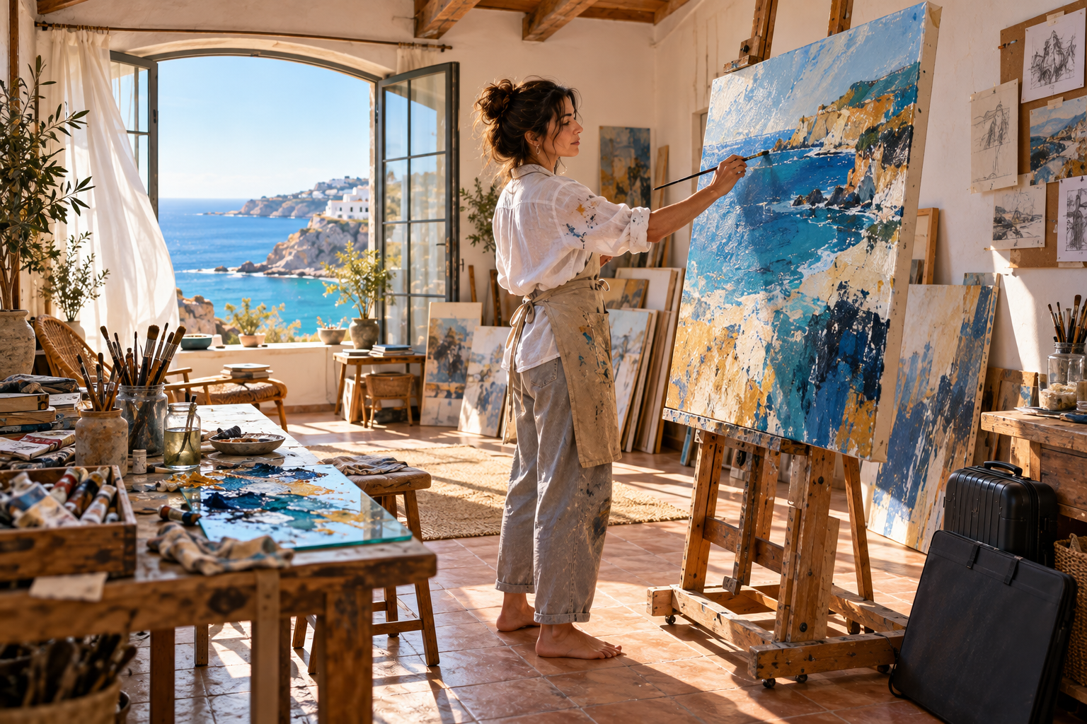Pintora en un estudio frente al mar durante una de sus residencias artísticas