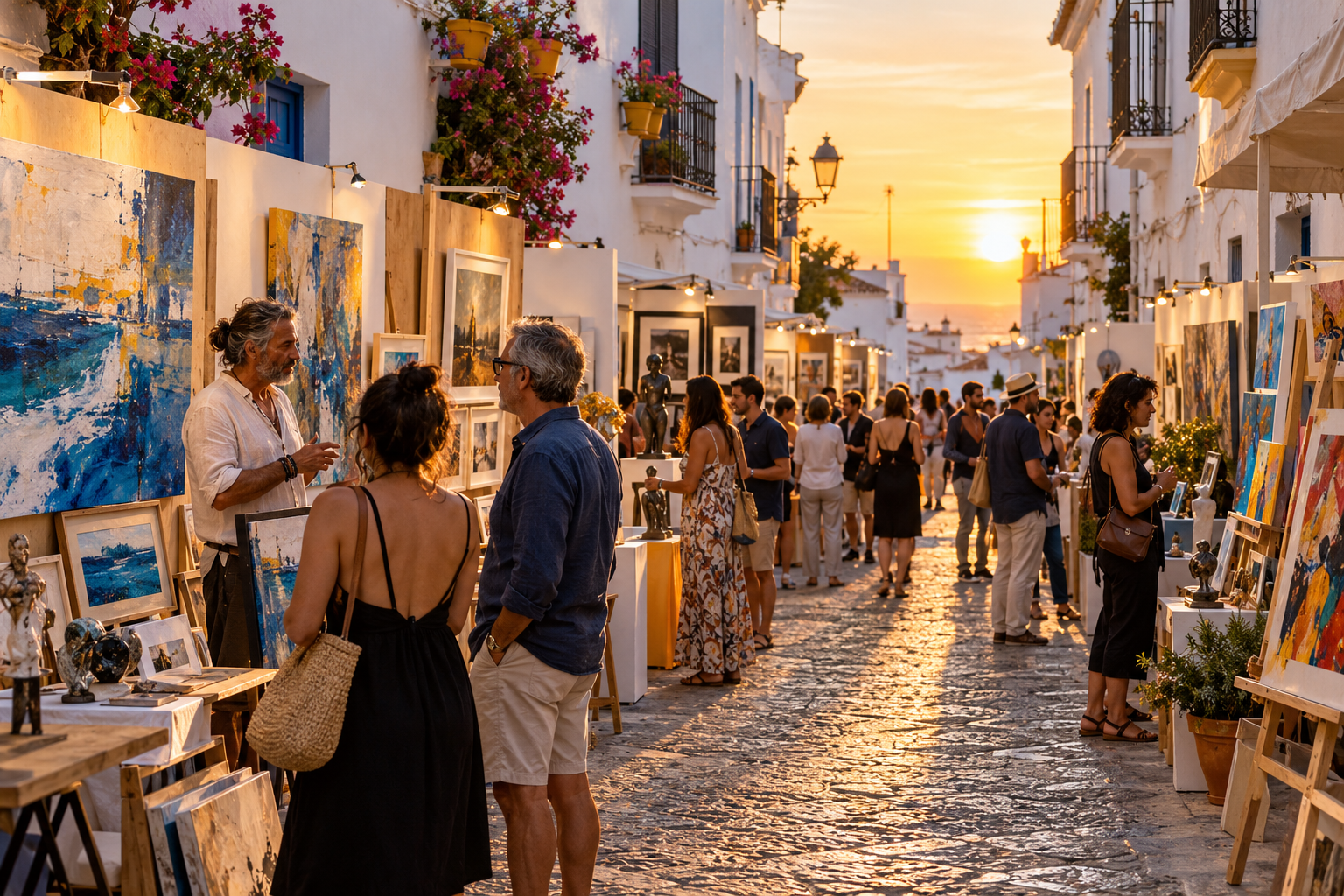 Feria de arte callejera al atardecer en un pueblo mediterráneo, ejemplo del ranking de ferias de arte independientes 2026