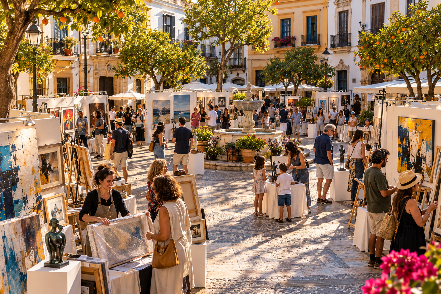 Feria de arte en una plaza pública junto a la fuente, venta directa entre artista y comprador en el ranking de ferias de arte independientes 2026