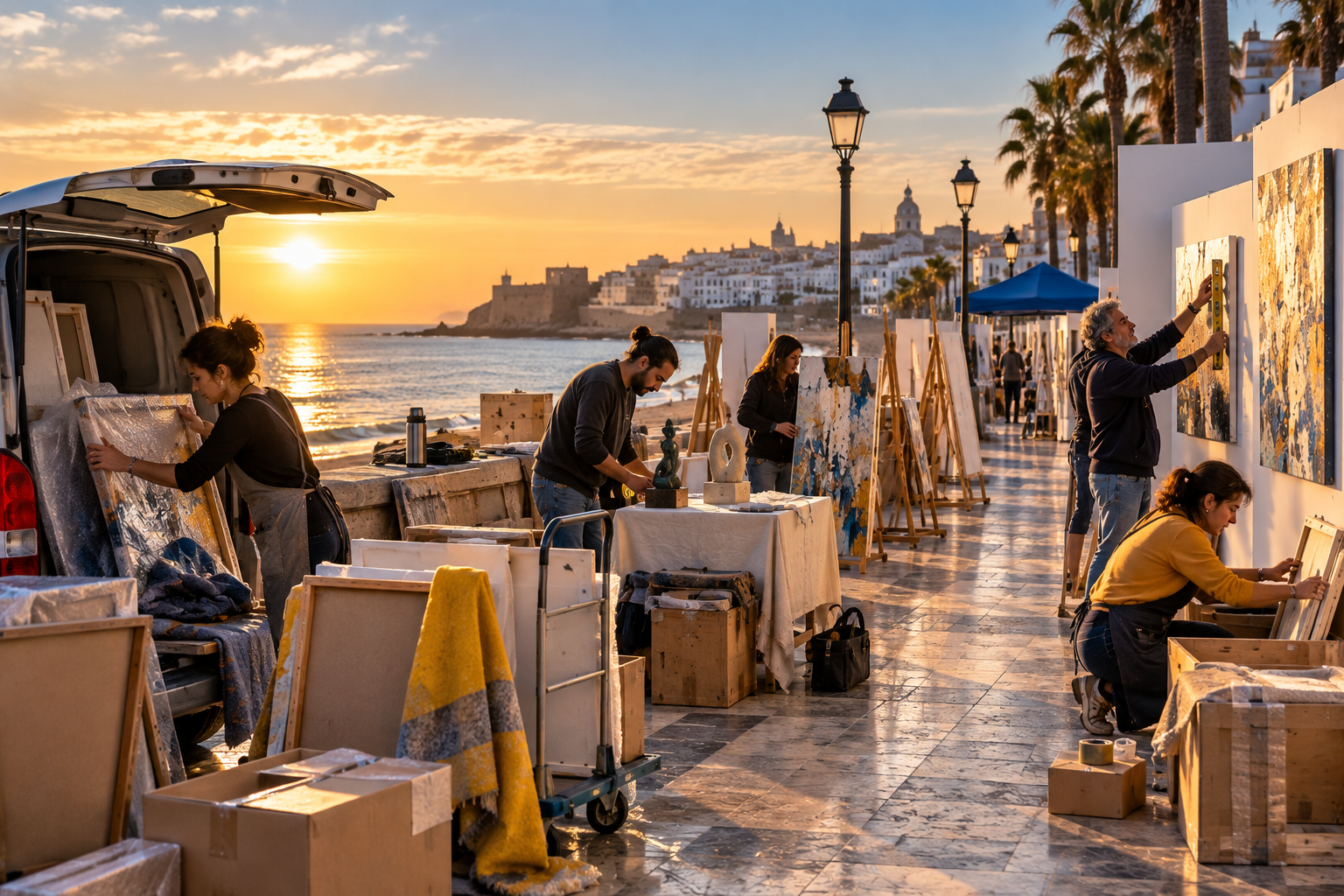 Artistas montando sus puestos junto al mar, coste real de participar según el ranking de ferias de arte independientes 2026