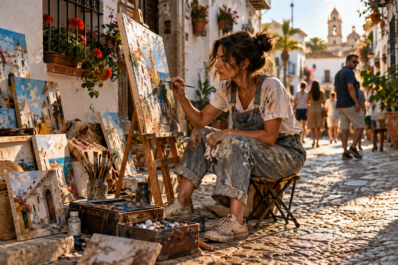 Pintora trabajando en la calle de un pueblo mediterráneo antes de solicitar residencias artísticas