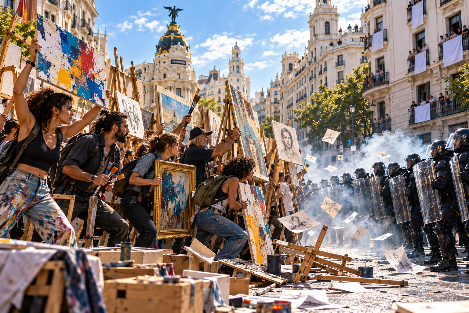 Protesta de artistas frente a antidisturbios en un barrio creativo afectado por el precio del alquiler